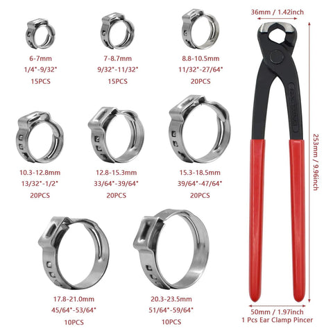 Heavy Duty PEX Clamp Set With Pliers 130 Piece Pro Grade Stainless Steel Hose Clamps Kit displayed with sizes