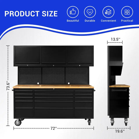 72 Inch Rolling Tool Chest With 3 Upper Cabinets And 15 Drawers, Pegboard, Large Mobile Toolbox On Wheels, side and front view.