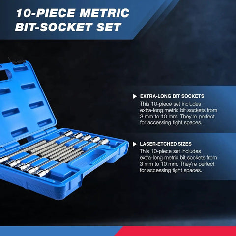 Three Eighths Inch Drive Extra Long Allen Hex Bit Socket Set, Ten Piece, Metric Sizes From Three To Ten Millimeters in Blue Case