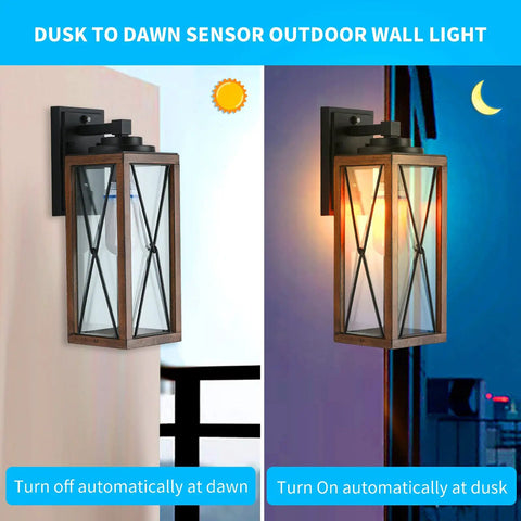 Outdoor Wall Lantern With Dusk To Dawn Sensor Hands Free Waterproof Exterior Sconce Lighting For Front Porch Garage Doorway And Entryway Anti Rust 16 Inch High ETL Listed showing day and night use
