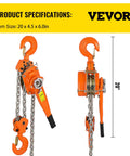 3/4 Ton Lever Chain Hoist With 1650 Lbs Capacity, 10 Ft Chain Come Along, Heavy Duty Hooks, side and front view