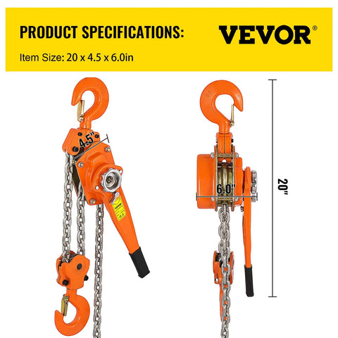 3/4 Ton Lever Chain Hoist With 1650 Lbs Capacity, 10 Ft Chain Come Along, Heavy Duty Hooks, side and front view
