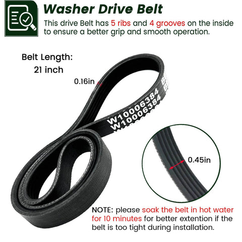 Washer drive belt, side view, 21-inch black ribbed belt with 5 ribs and 4 grooves; compatible with Whirlpool/Kenmore/Maytag washers