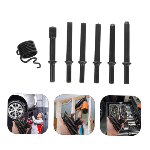 Pneumatic Air Rivet Kit With Chisel Bits And Pin Punch Tools for Drilling Riveting and Hammering Applications, shown with usage examples