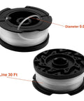 AF-100 Compatible Trimmer Spool Refill 30 Ft 0.065 Inch Line For Black And Decker GH600 GH900 LST201 LSTE525 BESTA510 Weed Eater Edger RC-100-P Spool Cap Covers 6 Pack Heavy Duty Quick Install, image of two black trimmer spool refills, labeled with line diameter 0.065 inch and line length 30 ft.