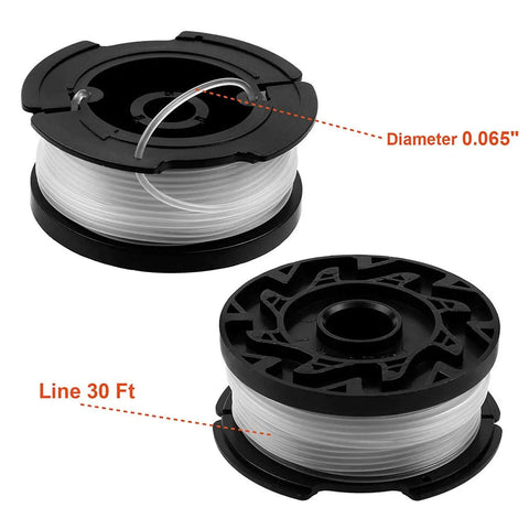 AF-100 Compatible Trimmer Spool Refill 30 Ft 0.065 Inch Line For Black And Decker GH600 GH900 LST201 LSTE525 BESTA510 Weed Eater Edger RC-100-P Spool Cap Covers 6 Pack Heavy Duty Quick Install, image of two black trimmer spool refills, labeled with line diameter 0.065 inch and line length 30 ft.