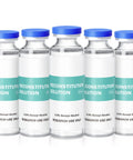 Five 30ml glass vials with blue caps labeled Reconstitution Solution; contains 0.9% Benzyl Alcohol; research use only.