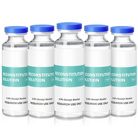 Five 30ml glass vials with blue caps labeled Reconstitution Solution; contains 0.9% Benzyl Alcohol; research use only.