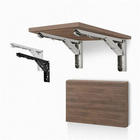 4 Pack Folding Shelf Brackets Heavy Duty White Adjustable 8 To 14 Inch Collapsible Hardware shown mounted with wooden shelf