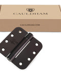 Heavy Duty 4 Inch Self Closing Spring Door Hinges Two Pack With Adjustable Closing Power And Oil Rubbed Bronze Finish on box.