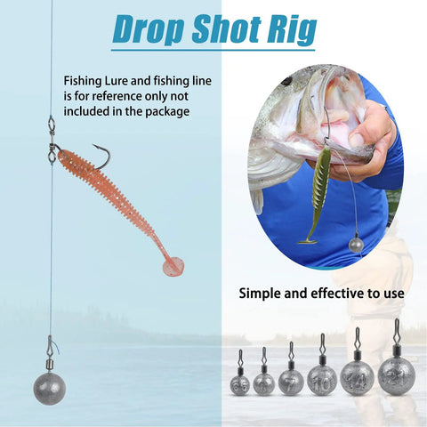 Drop Shot Weights Cannonball Sinkers With Pro Grade Swivels Set For Bass Fishing, round sinkers and rigged lure in use
