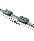 Professional Grade Dang Smooth HGR20 Linear Guide Rail Kit With Two Three Zero Shafts And Four HGH20CA Runner Blocks For DIY CNC Router Build Projects, 11.81in linear rail with green slider blocks.