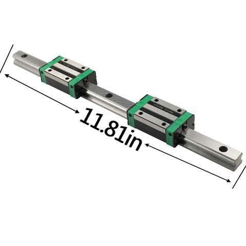 Professional Grade Dang Smooth HGR20 Linear Guide Rail Kit With Two Three Zero Shafts And Four HGH20CA Runner Blocks For DIY CNC Router Build Projects, 11.81in linear rail with green slider blocks.
