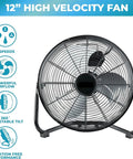 12-Inch Cradle Floor Fan with 3-speed high-velocity airflow, 180-degree tilt, all-metal build, and carry handle, black