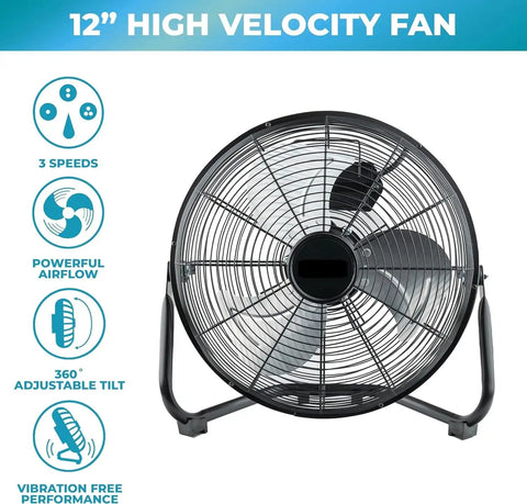 12-Inch Cradle Floor Fan with 3-speed high-velocity airflow, 180-degree tilt, all-metal build, and carry handle, black
