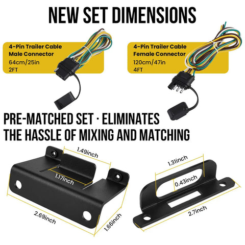 Built Like A Tank Four Way Flat Trailer Wiring Harness And Bracket Set With Dust Caps 16 Gauge Vehicle Side Towing Electrical Cords Hassle Free 3 Piece Plug And Play Kit dimensions with connectors and bracket size.