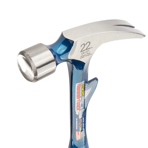 Close-up of HammerTooth 22 Oz Rip Claw Hammer USA Made Smooth Face Shock Reduction Grip, highlighting head and grip details.