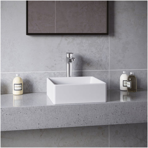 Quattro QM174 Vibrant Matte White 15 Inch Square Bathroom Vessel Sink For Above-Counter Installation on gray countertop