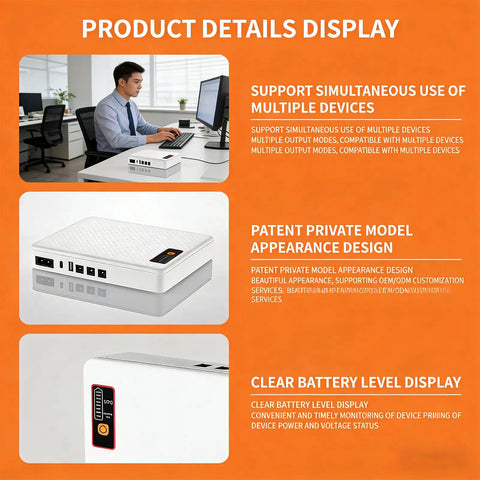 Slick Mini UPS With 20800mAh Capacity Delivers Steady 18W Power, compact design with multiple output ports for home devices.