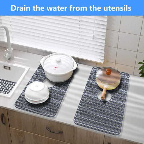 Silicone Kitchen Sink Mat Protector Grid For 12 To 30 Inch Sinks Non Slip Raised Feet Cushioned Protection Gray 26x14 Center with dishes