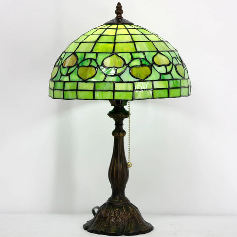 Tiffany Style Stained Glass Table Lamp With 12 Inch Shade And 19 Inch Tall Antique Bronze Base UL Listed Reading Light Pull Chain Easy Assembly Cozy Glow Vibe Green Apple Heart Pattern