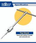 Adjustable Tap Chuck Socket Adapter For One Quarter Inch Drive, Pro Grade Tool for M3 to M8, shown with T-handle extension