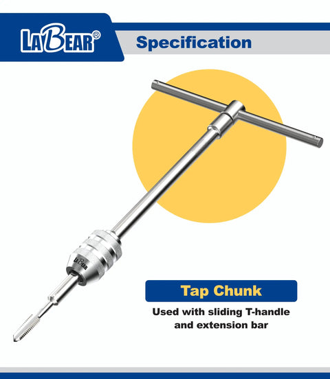 Adjustable Tap Chuck Socket Adapter For One Quarter Inch Drive, Pro Grade Tool for M3 to M8, shown with T-handle extension
