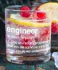Engineering Themed Whiskey Glass Gift For Men 10 Oz Rocks Glass with engineer definition and lemon garnish