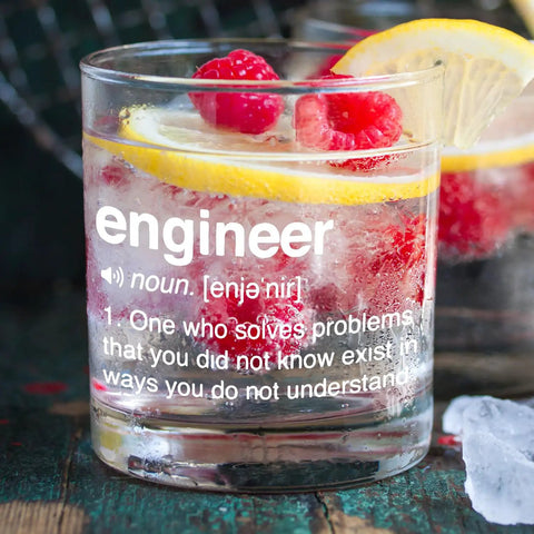 Engineering Themed Whiskey Glass Gift For Men 10 Oz Rocks Glass with engineer definition and lemon garnish