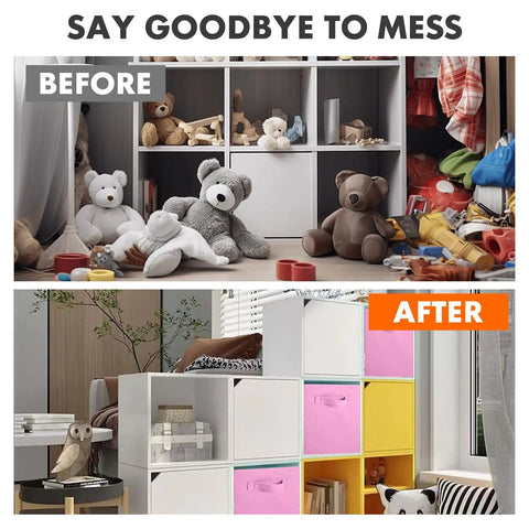 Before and after of closet using Foldable Fabric Storage Cubes Set For Closet And Toy Organization, 6 Pack Pink Cloth Bins.
