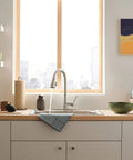 Precept Pull-Down Kitchen Faucet, 1.5 GPM Flow, stainless finish, 3-function sprayer, kitchen installation, modern design