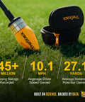 TheStack golf swing speed trainer with weights and carrying pouch on grass, showing speed and distance gains data.