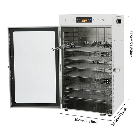 Heavy Duty Electric Food Dehydrator With 18 Spacious Stainless Steel Trays And Precision Adjustable Thermostat open door view.