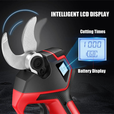 Beastly 700W Brushless Electric Pruning Shears with LCD showing cutting times and battery display, close-up view