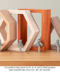 Pro Grade Four Piece Chamfer Router Bit Set With Carbide Cutters And Twin Bearings for 22.5°, 30°, 45°, 60° miter joints and bevels.