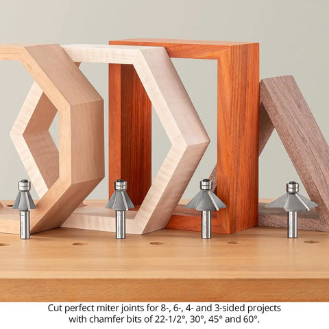 Pro Grade Four Piece Chamfer Router Bit Set With Carbide Cutters And Twin Bearings for 22.5°, 30°, 45°, 60° miter joints and bevels.