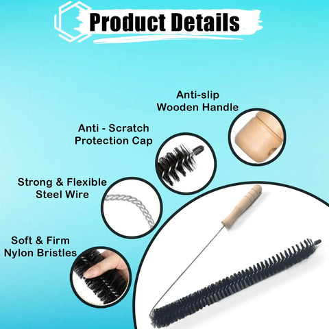 Dryer Vent Cleaning Kit With Flexible Lint Brush details: wood handle, anti-slip, steel wire, nylon bristles, user holding brush