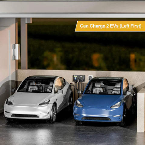 Four Prong NEMA 14 50R Dryer Splitter With Breaker 240V Auto Switch For Smart Charging Management That Puts Left Side First And Auto Rebalances Power For EVs And Home Dryers, two EVs charging