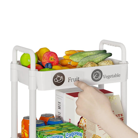Three Tier Rolling Cart With Wheels For Kitchen Bathroom Laundry Storage, organized with fruits and groceries on top shelf.