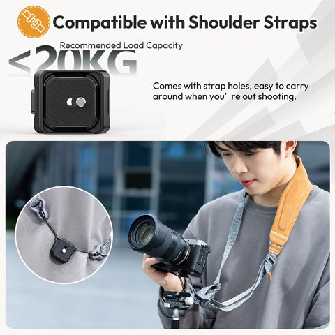 Camera Quick Release Plate And Tripod Mount Adapter For Gimbals Sliders And DSLRs With One Quarter Inch And Three Eighth Inch Screws Arca Swiss Compatible Up To Twenty Kilograms Built For Pro Grade Stability shown with a shoulder strap for easy carrying.