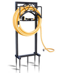 Heavy Duty Outdoor Garden Hose Holder With 5 Spikes And Basket, Freestanding Metal Hose Stand With 2 Support Bars, Holds Up To 150 Feet Of Hose, Outdoor Hose Reel, Black. View of holder with hose coiled on metal stand.