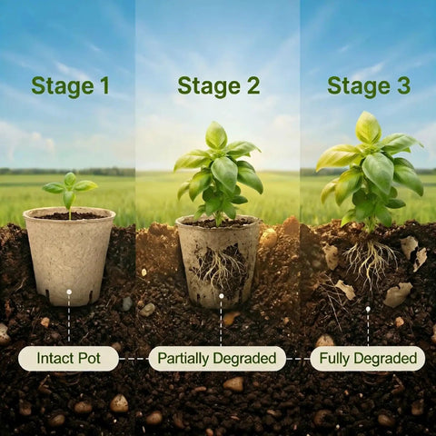 Three seedlings in 20 Pack 5 Inch Biodegradable Peat Pots With 20 Plant Labels, Drainage Holes, Breathable Nursery Pots For Seed Starting, Perfect Seed Starter Kit For Vegetables And Flowers, Easy Marking And Mess Free Growth showing stages of pot degradation in soil.