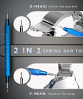 Blue 2-in-1 spring bar tool for the Pro Grade All In One Watch Repair Kit With Cap Opener, removing straps and links, 2025 edition.
