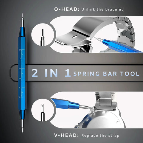 Blue 2-in-1 spring bar tool for the Pro Grade All In One Watch Repair Kit With Cap Opener, removing straps and links, 2025 edition.