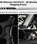 Close-up of Lightweight Carbon Road Bike With T1000 Reinforced Frame, Shimano 105 Di2 R7170 shifters and disc brakes in black