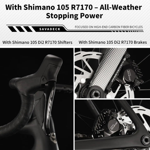 Close-up of Lightweight Carbon Road Bike With T1000 Reinforced Frame, Shimano 105 Di2 R7170 shifters and disc brakes in black
