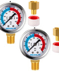 Two Pack 2 Inch Dial Pool Filter Pressure Gauge Kit With Liquid Filled Gauge, 0-60 Psi, Stainless Steel Case, Universal Brass NPT Adaptor Set, Includes 1/4 Inch To 1/8 Inch Brass Adaptor And Seal Tape, showing two gauges, brass adapters, and tape.