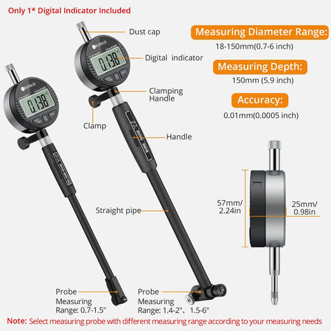 Digital Dial Indicator Bore Gauge Set with 0.7 to 6 Inch Range and 6 Inch Depth, 0.0005 Inch Precision, Includes 23 Anvils
