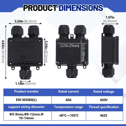Dimensions and specifications of Waterproof IP68 Outdoor Junction Box 4 Pack, 3-Way Plug M25 Cable Gland