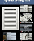 Heavy Duty Aluminum Wall Access Panel With Secure Magnetic Latch And Crisp White Louvered Vents For No Sweat Drywall Inspection And Top Shelf Airflow Control 36 By 48 Inch showing optional locking styles, including pull-ring and key lock.